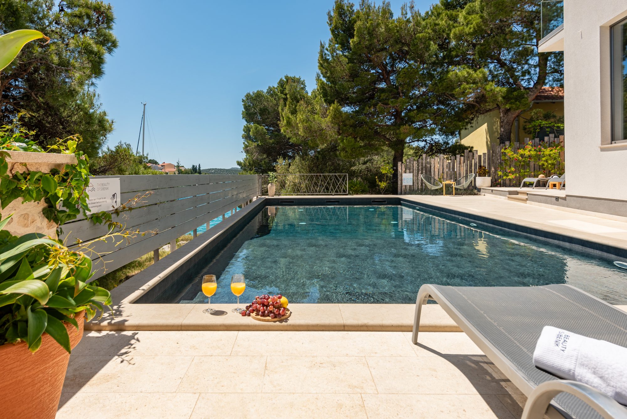 Private swimming pool during the day surrounded by pines at the villa in Zaboric